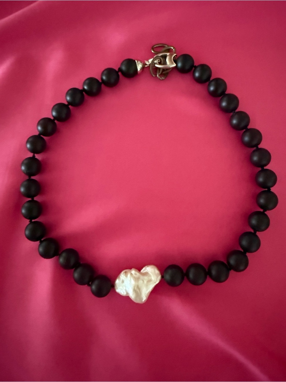 Matte Black Bead Necklace with Irregular White Pearl Accent